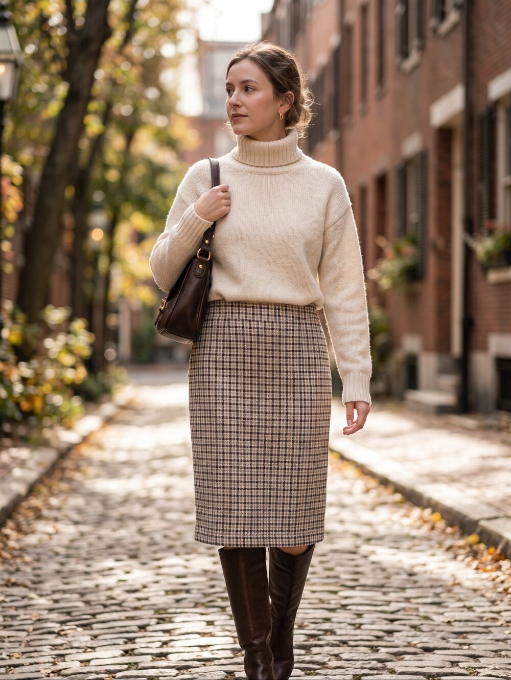 Lands' End Houndstooth Straight Midi Skirt Brown Plaid Academia Retro Heritage